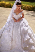 Off The Shoulder Ball Gown Wedding Dress With Pleated Tulle Ruffles BM bride