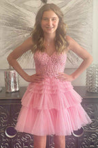 Sparkly Lilac Corset A Line Tiered Short Homecoming Dress with Lace