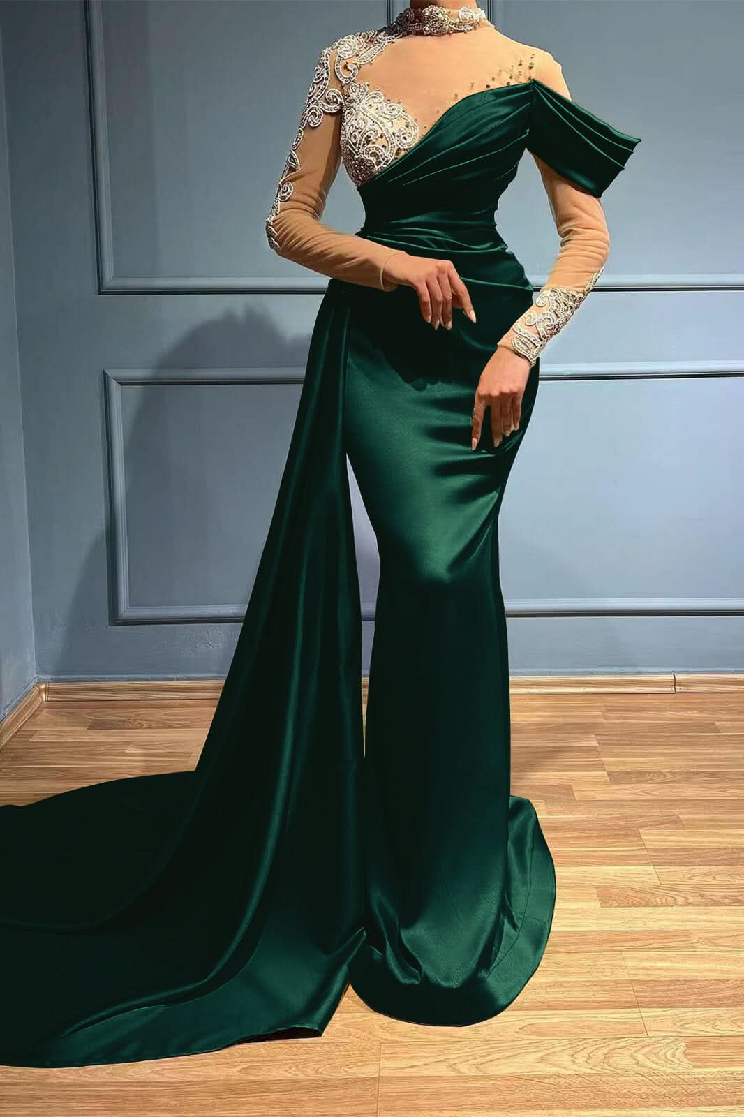 High Neck Mermaid Long Sleeves Appliques Evening Dress Long with Ruffles BM bride
