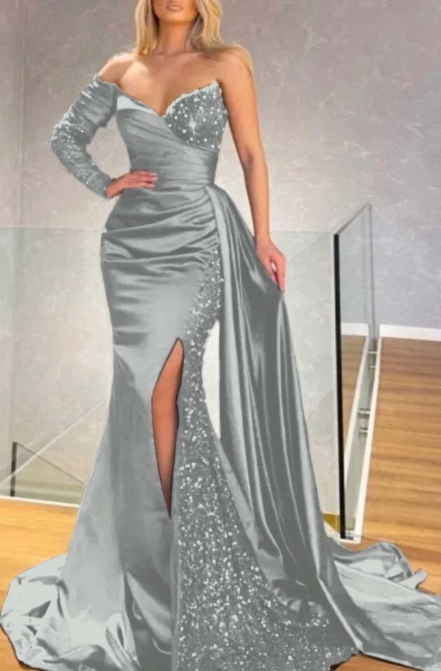 Long Sleeve Strapless Long Split Prom Dress With Pleated Sequins BMBRIDE