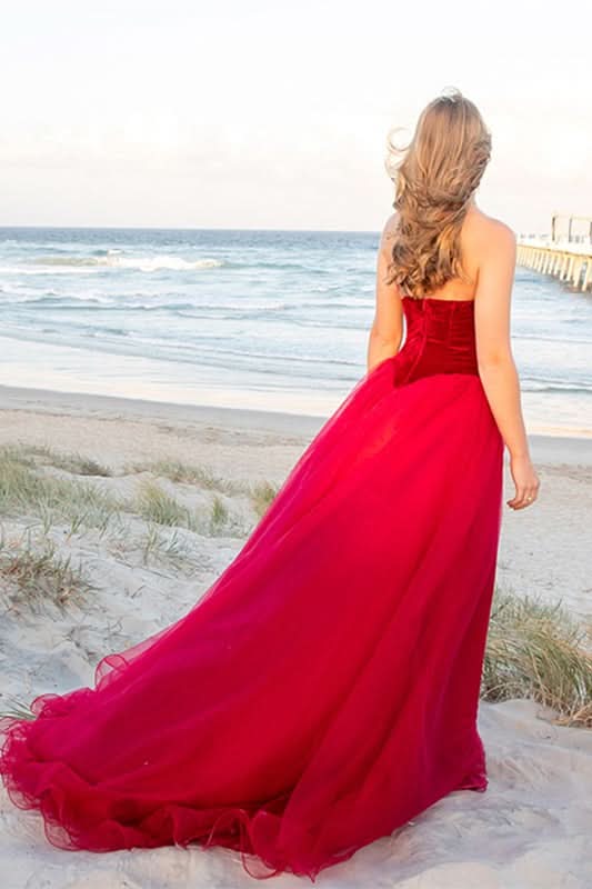 Burgundy Velvet V-Neck Tulle Prom Dress BM bride