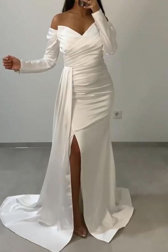 Off-the-Shoulder Sweetheart Long Sleeve Front Split Mermaid Evening Dress with Ruffle BM bride
