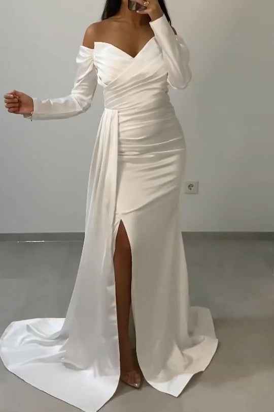 Long Sleeves Front Split Off the Shoulder Mermaid Prom Dress With Ruffles