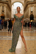 Fantasy Green Sleeveless Sequins Prom Dress with High Slit and Beadings BM bride