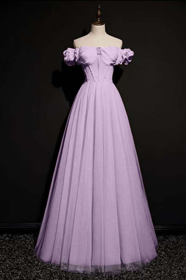 Off the Shoulder Strapless Sleeveless Long Prom Dress With Tulle BMBRIDE