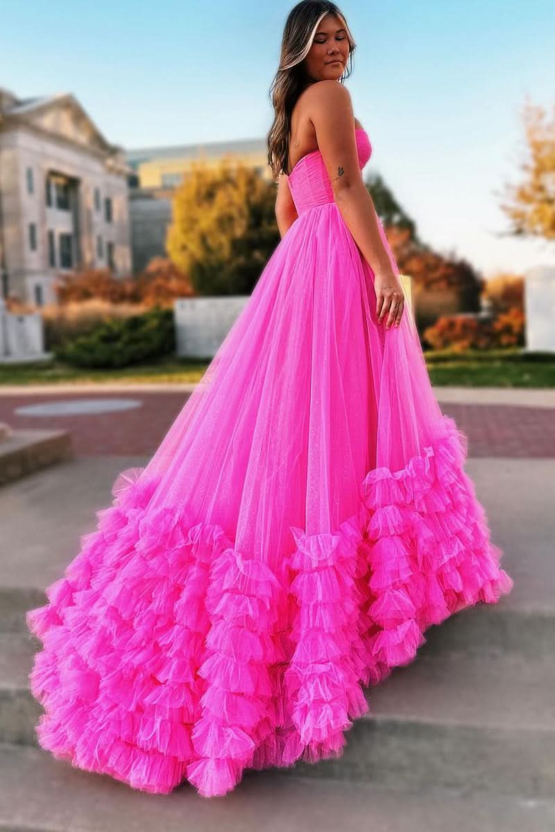 Lovely Pink Sweetheart Tiered Tulle Long Prom Dress BM bride