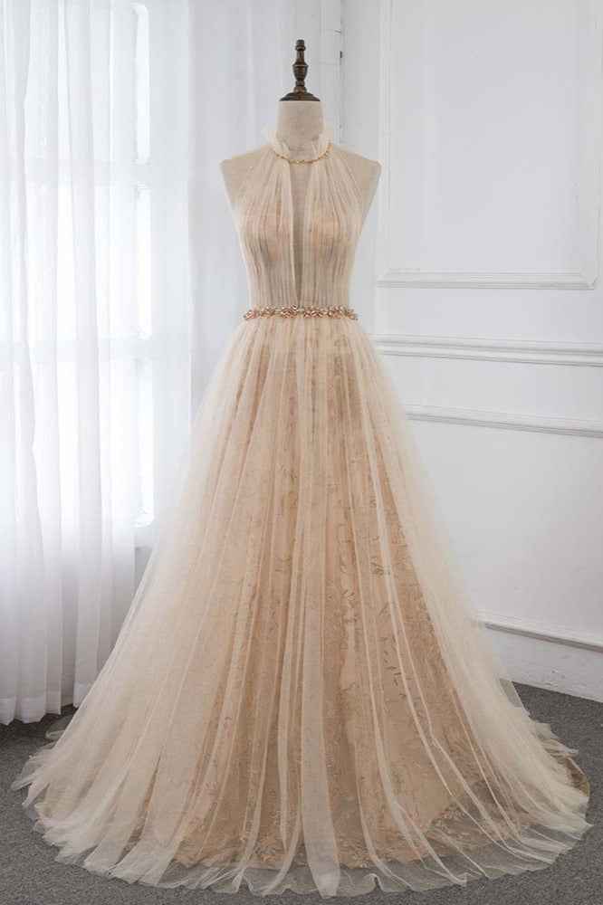 Amazing High Neck Sleeveless Prom Dress Long Tulle Ruffles With Rhinestones