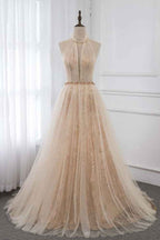 Amazing High Neck Sleeveless Prom Dress Long Tulle Ruffles With Rhinestones