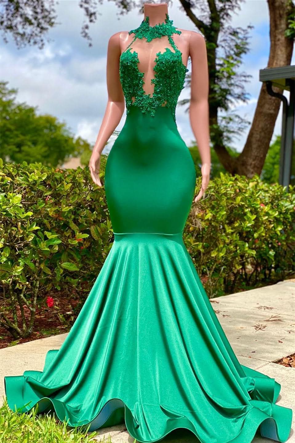 Green Halter Open Back Mermaid Prom Dress with Appliques BM bride