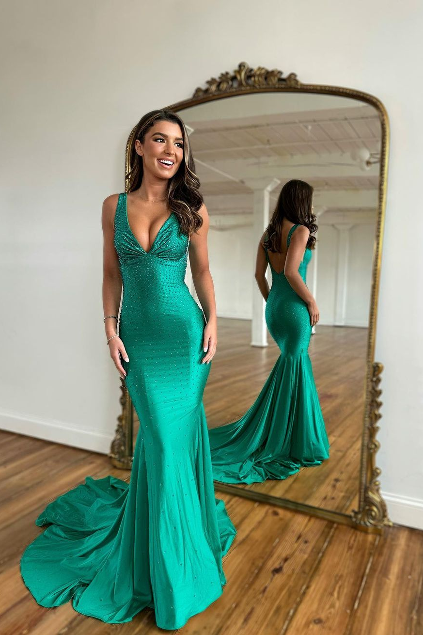 Green Prom Dress Wide Shoulder V Neck Long Mermaid with Beads BM bride