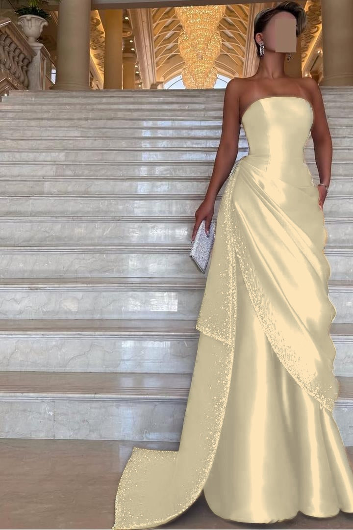 Chic Strapless Sleeveless Long Prom Dress With Pleated Beading BMBRIDE