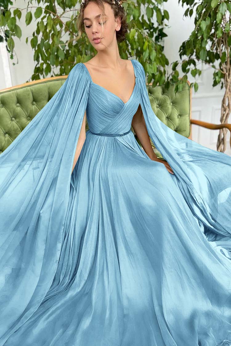 Elegant Green Long Sleeves Formal Belt Prom Dress Tulle With Split BMBRIDE