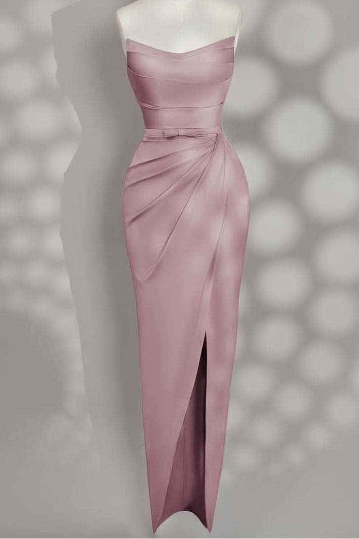 Strapless Sleeveless Long Split Prom Dress With Pleated Bowknot BMBRIDE
