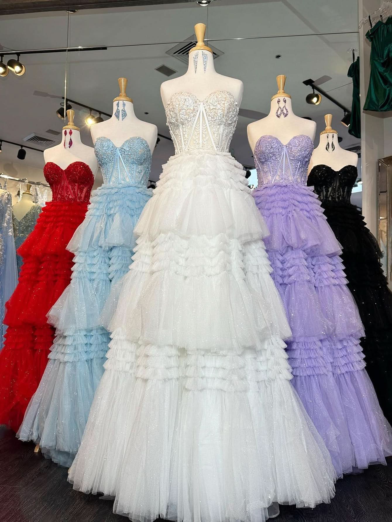 Adorable A-Line Sweetheart Tiered Long Tulle Prom Dress BM bride