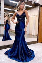 Royal Blue Appliques V Neck Long Mermaid Evening Dress BM bride