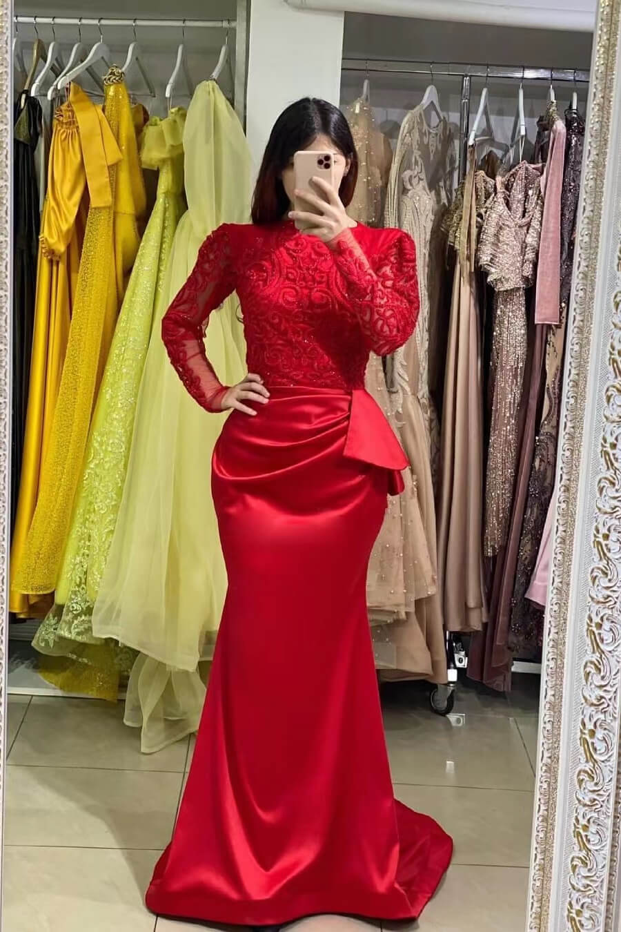 Long Sleeve Mermaid Prom Dress with Lace Appliqueds BM bride
