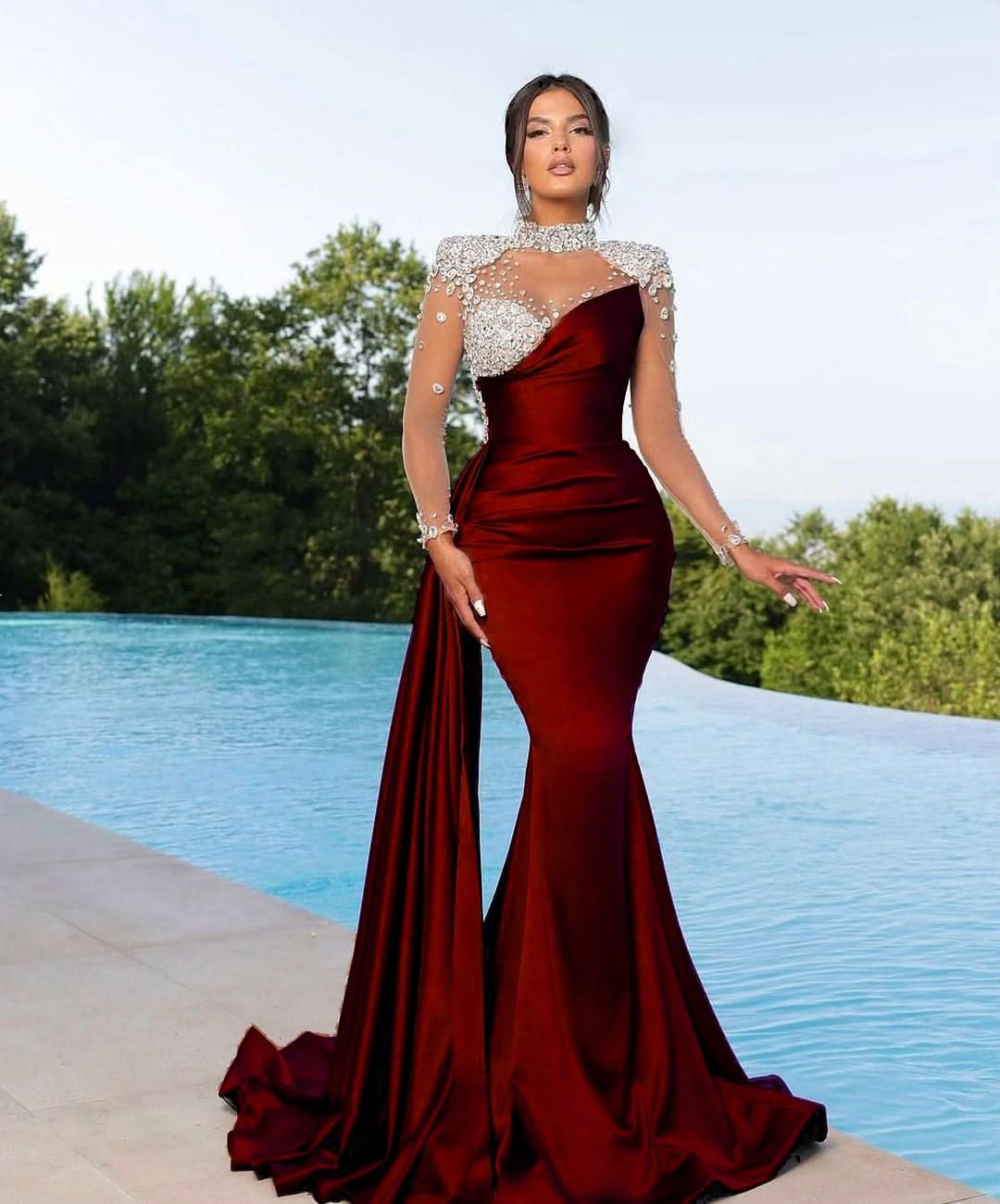 Long Purple Mermaid Prom Dress with Trail Beadings and Long Sleeves BM bride