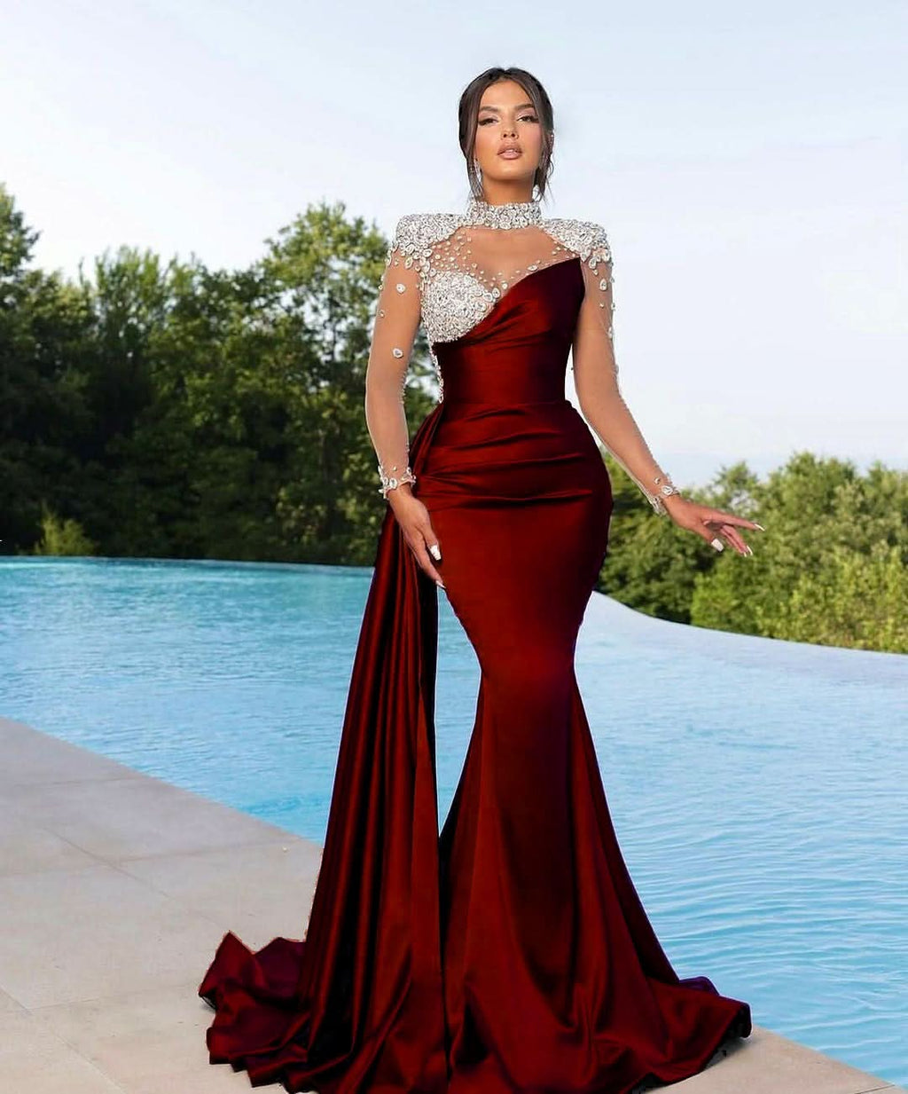 Long Purple Mermaid Prom Dress with Trail Beadings and Long Sleeves BM bride
