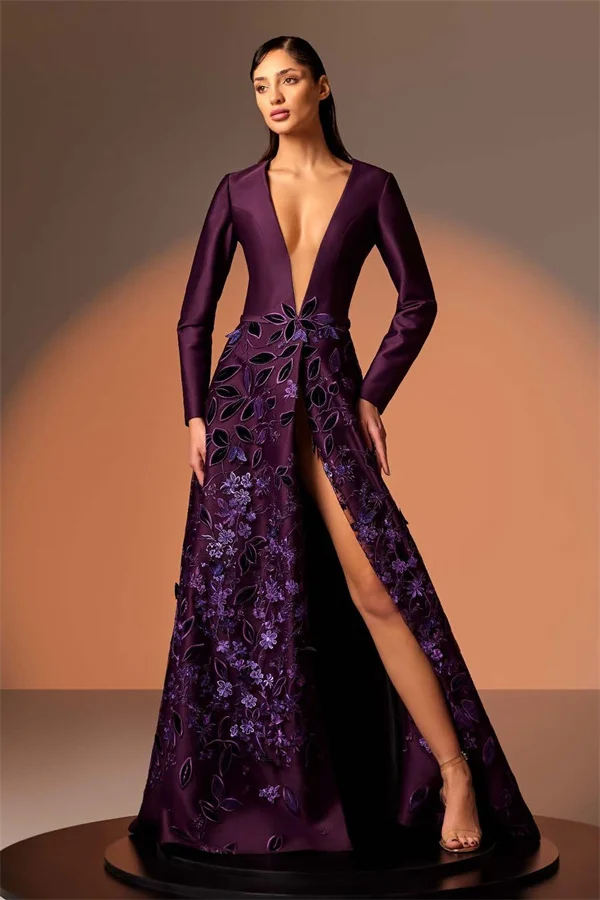 Long Sleeves Deep V Neck High Split Long Prom Dress With Appliques BMBRIDE