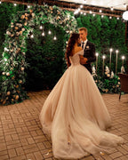 Tulle Off-the-Shoulder A-Line Long Wedding Dress with Chapel Train BM bride
