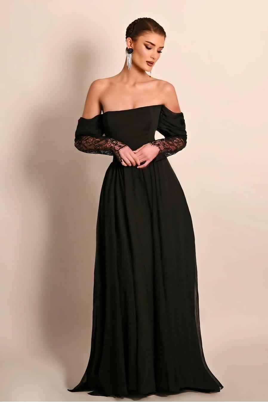 Off the Shoulder Long Sleeves Long Prom Dress With Lace Pleated