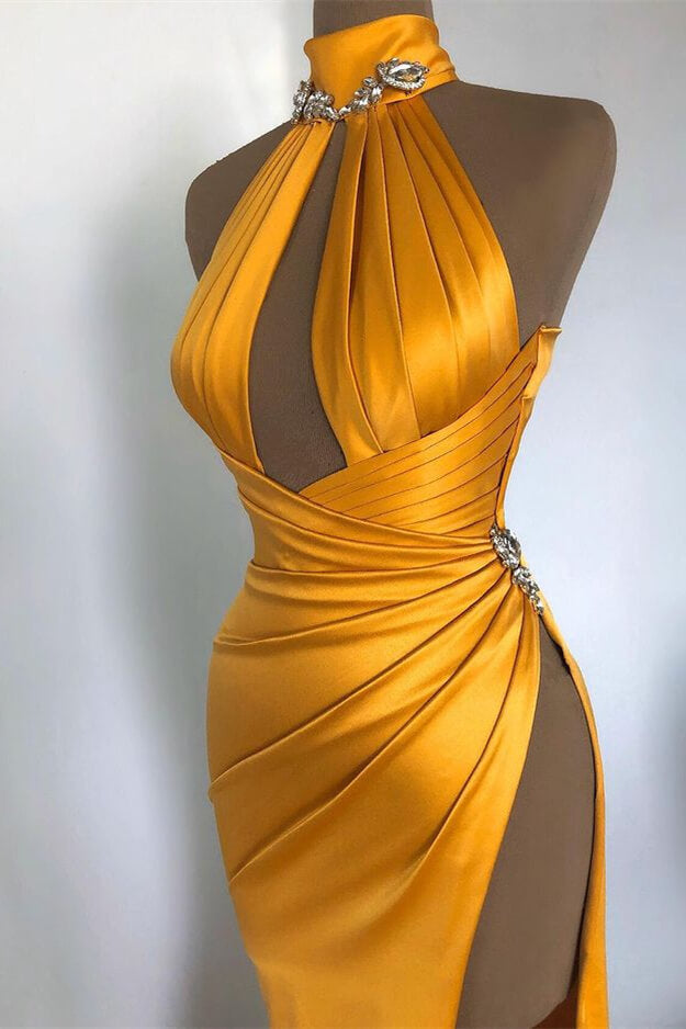 Elegant Sexy Champagne Gold Evening Dress with Off-the-Shoulder High Neck and Pleated Slit BM bride