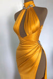 Elegant Sexy Champagne Gold Evening Dress with Off-the-Shoulder High Neck and Pleated Slit BM bride