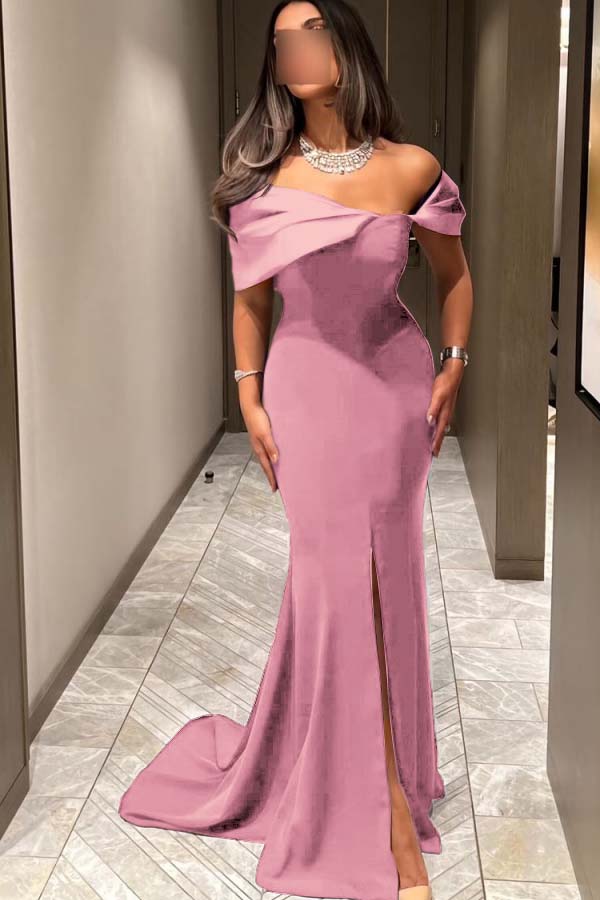 Off the Shoulder Sleeveless Long Mermaid Prom Dress With Pleated BMBRIDE