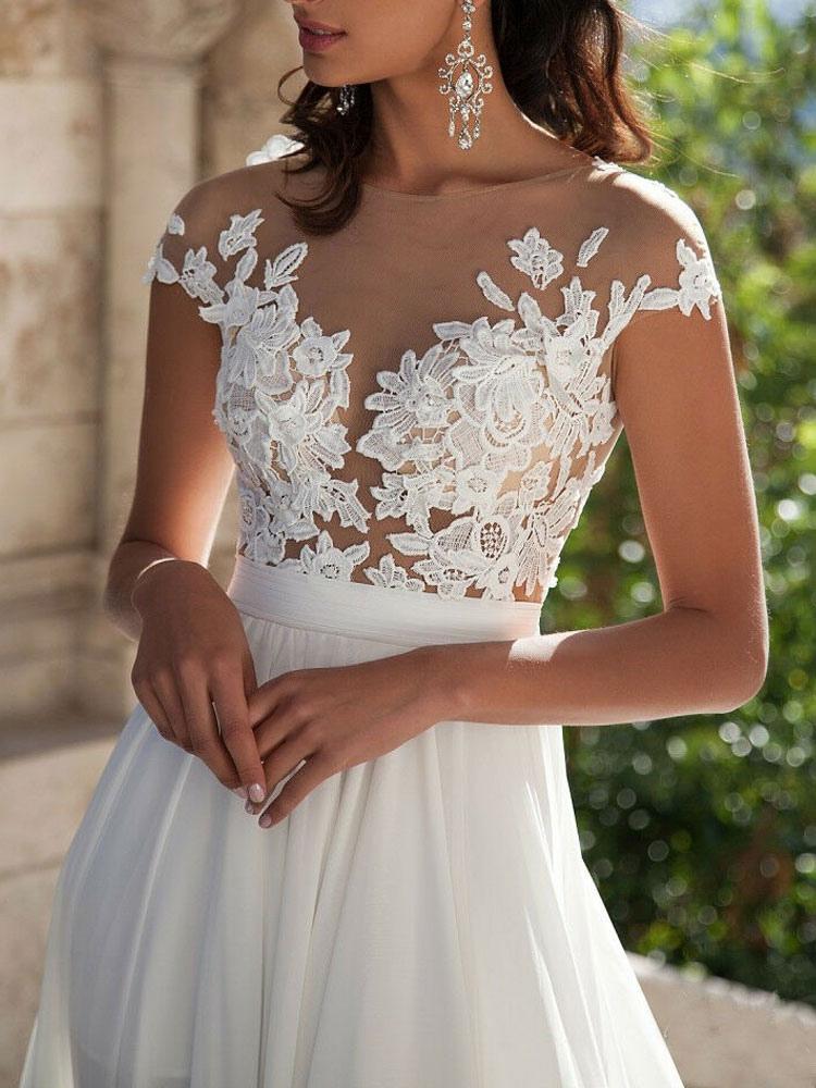 Lace Applique Beach Wedding Dress with Slit BM bride