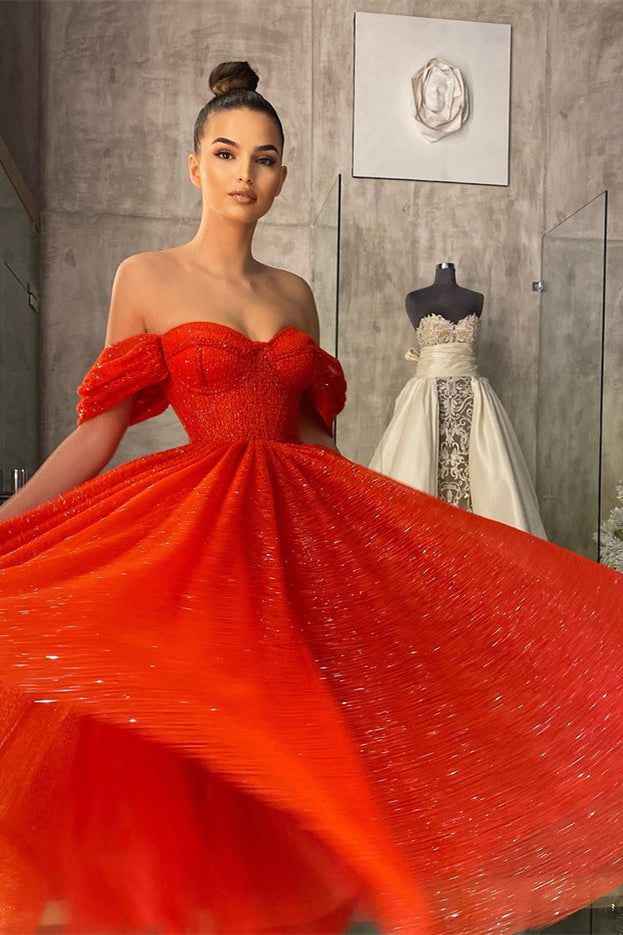 Off the Shoulder Strapless Sweetheart Red A Line Prom Dress With Sequins