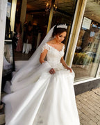 Off-the-shoulder A-Line Wedding Dress With Long Sleeves Appliques BM bride