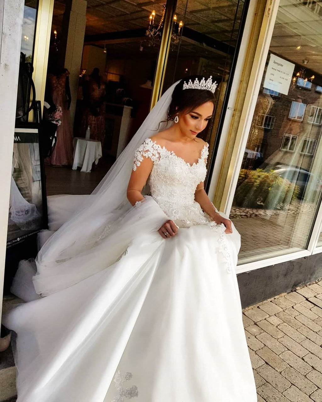 Long A-line Off-the-Shoulder Wedding Dress With Tulle Lace BM bride