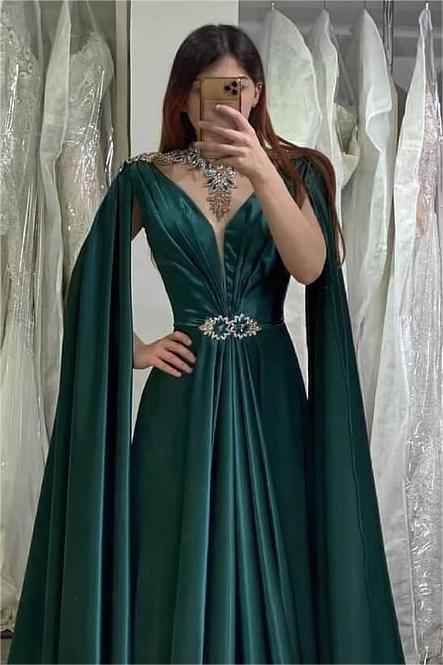 Stunning Dark Green A Line V Neck Long Beadings Prom Dress With Ruffles