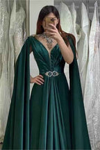 Stunning Dark Green A Line V Neck Long Beadings Prom Dress With Ruffles