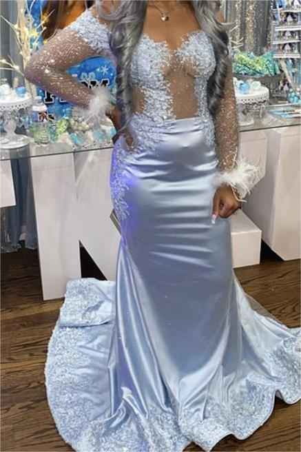Off the Shoulder Long Sheer Sleeves Mermaid Prom Dress With Appliques Feathers