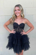 Sparkly Pink Corset Tiered Short A-Line Tulle Homecoming Dress with Lace Bmbride