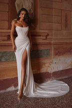 Strapless Sleeveless Long Mermaid Prom Dress With Split Pleated