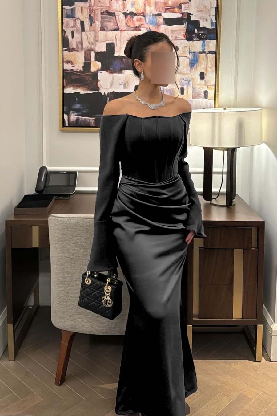 Strapless Long Sleeves Mermaid Long Prom Dress With Pleated BMBRIDE