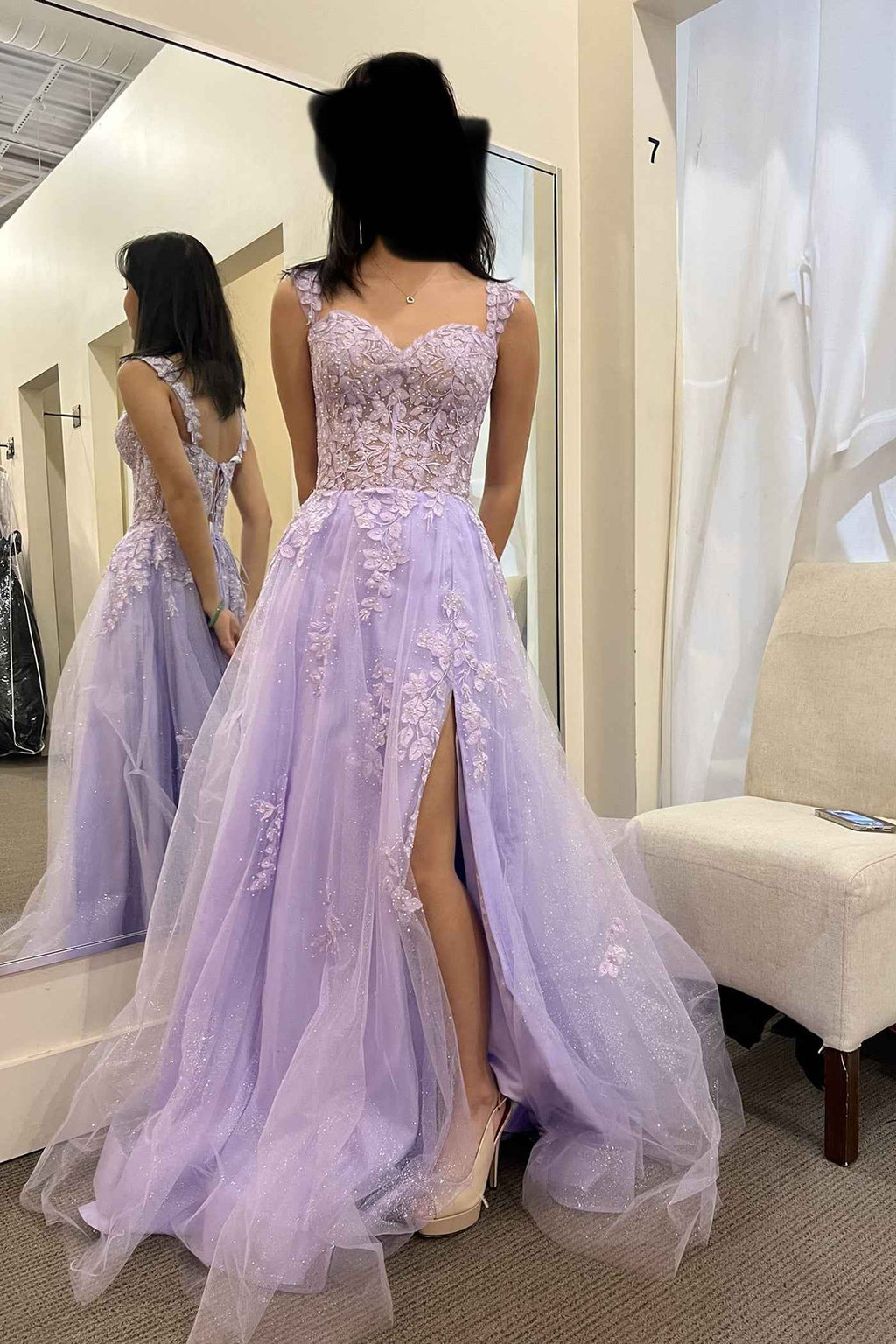 Sleeveless Sweetheart Front Split Prom Dress Lavender With Lace Appliques