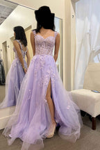 Sleeveless Sweetheart Front Split Prom Dress Lavender With Lace Appliques