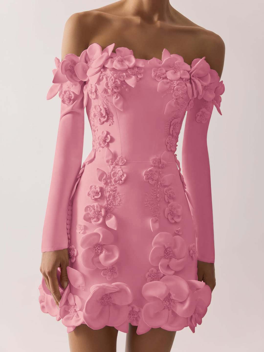Off the Shoulder Long Sleeves Short Prom Dress With Appliques BMBRIDE
