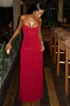 Spaghetti Strap Halter Sleeveless Split Prom Dress With Pleated