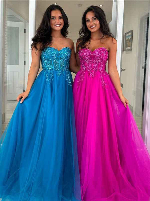 Royal Blue Strapless A-Line Tulle Long Prom Dress with Appliques BMBRIDE