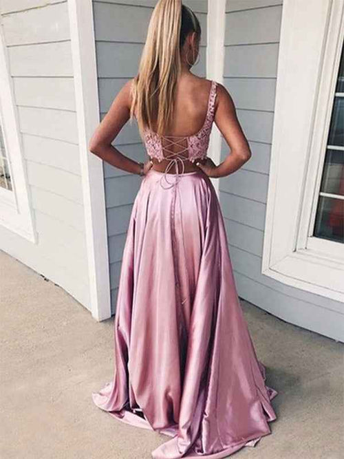 Pink A Line Lace Two Pieces Long Prom Dress with Slit BMBRIDE