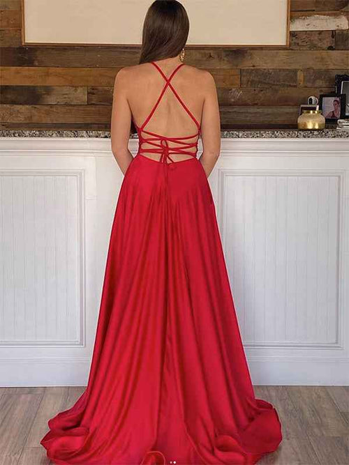 Red A Line Spaghetti Straps V Neck Satin Long Prom Dress with Slit BMBRIDE