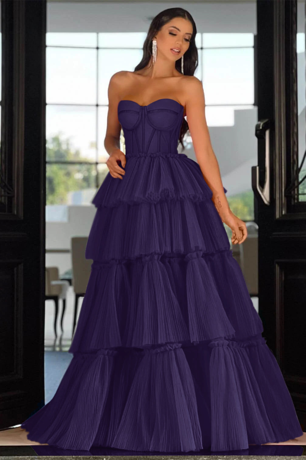 Elegant Sweetheart Strapless Prom Dress Long Sleeveless Layers Hot Pink BMBRIDE