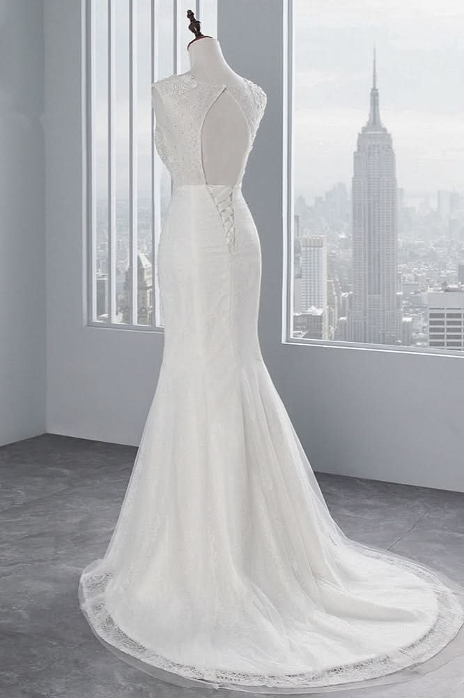 Jewel Neck Sleeveless Long Mermaid Wedding Dress with Tulle Lace Appliques BM bride