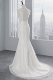 Jewel Neck Sleeveless Long Mermaid Wedding Dress with Tulle Lace Appliques BM bride