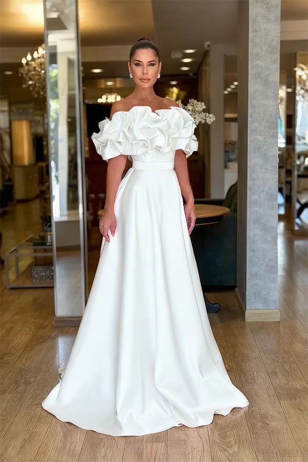 Off the Shoulder Sleeveless A Line Long Prom Dress With Pleated BMBRIDE