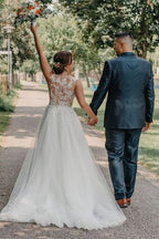 Bateau Neck Sleeveless A-Line Tulle Wedding Dress with Lace BM bride